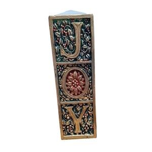 Vintage JOY Christmas Holiday Molded Pillar Candle 9.25" Unscented Gift Decor‎